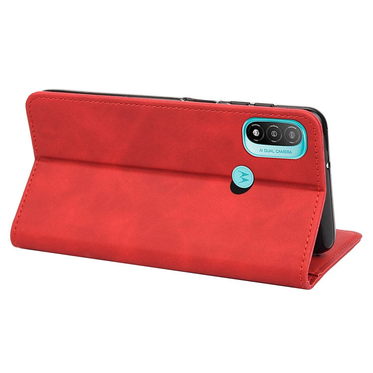 Skin-touch Splicing Stand Wallet Design PU Leather Cover Inner TPU Phone Case for Motorola Moto E20/E30/E40 - Red