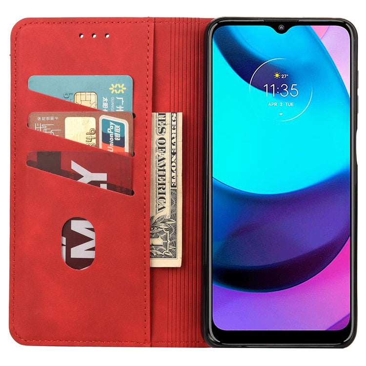 Skin-touch Splicing Stand Wallet Design PU Leather Cover Inner TPU Phone Case for Motorola Moto E20/E30/E40 - Red