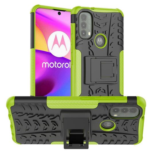 Anti-slip Tire Texture PC + TPU Combo Double Protection Anti-scratch Back Cover with Kickstand for Motorola Moto E40 - Green