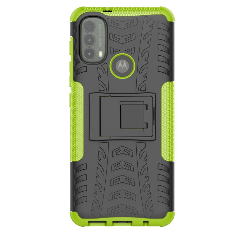 Anti-slip Tire Texture PC + TPU Combo Double Protection Anti-scratch Back Cover with Kickstand for Motorola Moto E40 - Green