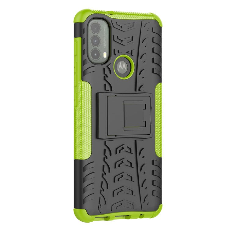 Anti-slip Tire Texture PC + TPU Combo Double Protection Anti-scratch Back Cover with Kickstand for Motorola Moto E40 - Green