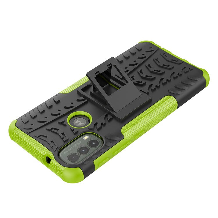 Anti-slip Tire Texture PC + TPU Combo Double Protection Anti-scratch Back Cover with Kickstand for Motorola Moto E40 - Green