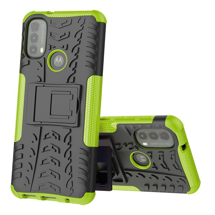 Anti-slip Tire Texture PC + TPU Combo Double Protection Anti-scratch Back Cover with Kickstand for Motorola Moto E40 - Green