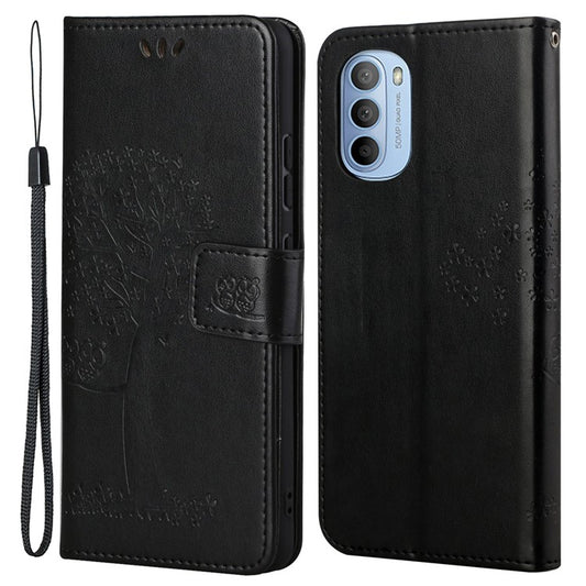 Stylish Owl Tree Pattern Imprinted Magnetic Clasp TPU and PU Leather Phone Case Stand Wallet Cover with Strap for Motorola Moto G31 / G41 - Black