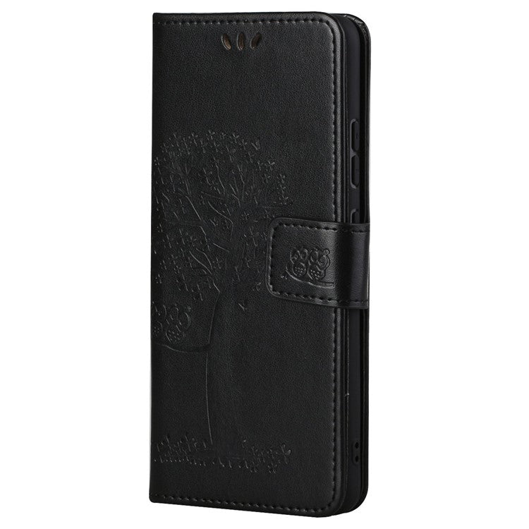 Stylish Owl Tree Pattern Imprinted Magnetic Clasp TPU and PU Leather Phone Case Stand Wallet Cover with Strap for Motorola Moto G31 / G41 - Black