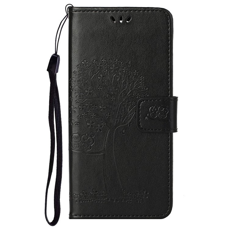 Stylish Owl Tree Pattern Imprinted Magnetic Clasp TPU and PU Leather Phone Case Stand Wallet Cover with Strap for Motorola Moto G31 / G41 - Black