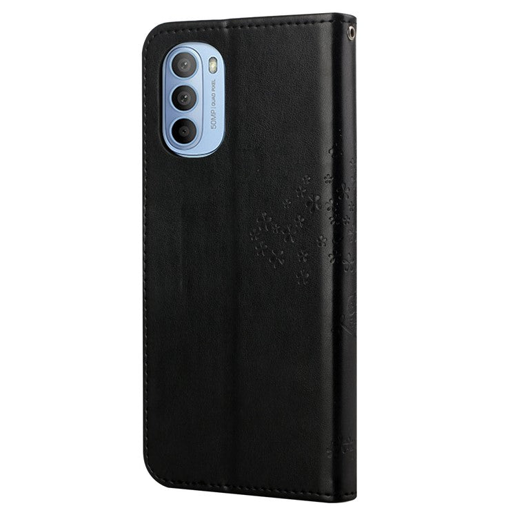 Stylish Owl Tree Pattern Imprinted Magnetic Clasp TPU and PU Leather Phone Case Stand Wallet Cover with Strap for Motorola Moto G31 / G41 - Black