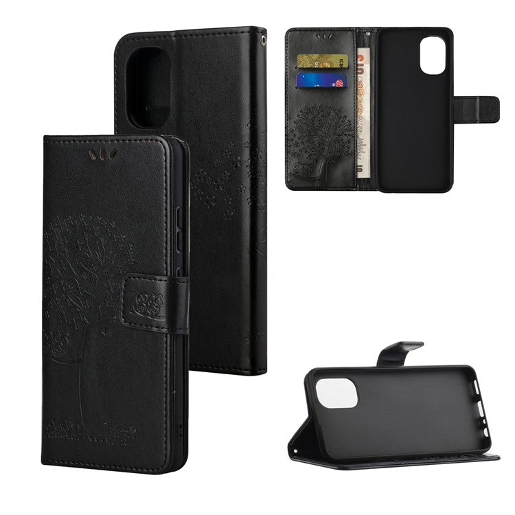 Stylish Owl Tree Pattern Imprinted Magnetic Clasp TPU and PU Leather Phone Case Stand Wallet Cover with Strap for Motorola Moto G31 / G41 - Black