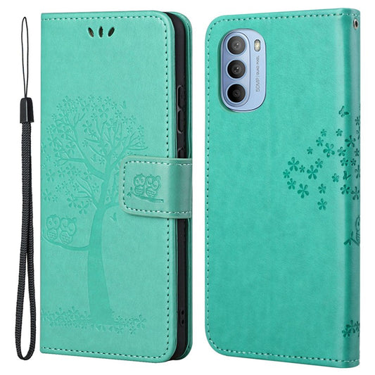 Stylish Owl Tree Pattern Imprinted Magnetic Clasp TPU and PU Leather Phone Case Stand Wallet Cover with Strap for Motorola Moto G31 / G41 - Green