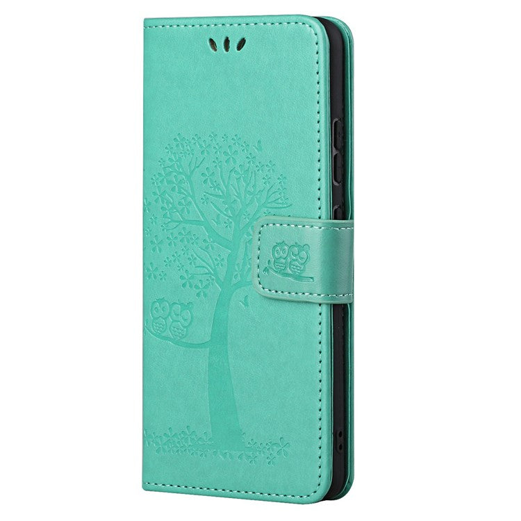 Stylish Owl Tree Pattern Imprinted Magnetic Clasp TPU and PU Leather Phone Case Stand Wallet Cover with Strap for Motorola Moto G31 / G41 - Green