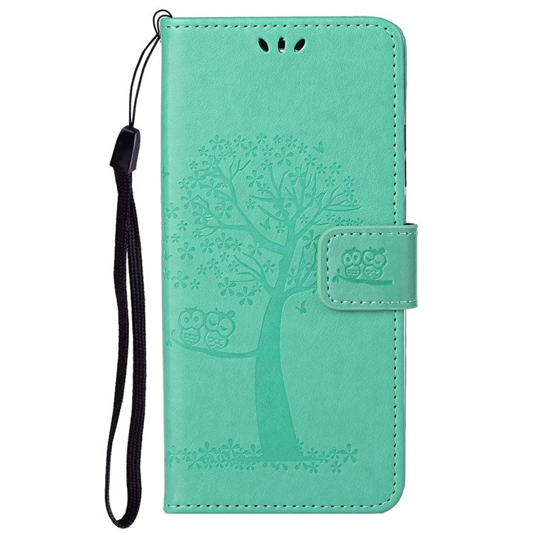 Stylish Owl Tree Pattern Imprinted Magnetic Clasp TPU and PU Leather Phone Case Stand Wallet Cover with Strap for Motorola Moto G31 / G41 - Green