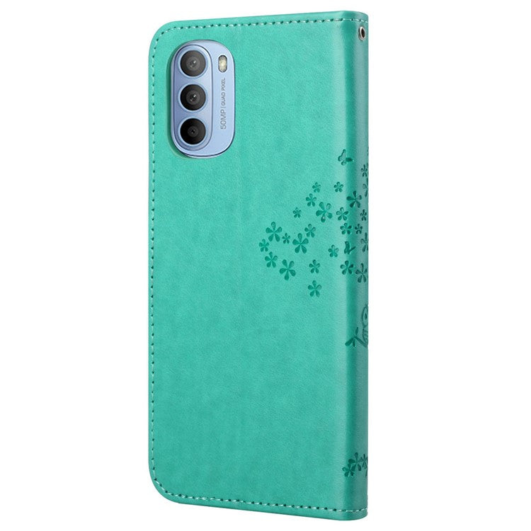 Stylish Owl Tree Pattern Imprinted Magnetic Clasp TPU and PU Leather Phone Case Stand Wallet Cover with Strap for Motorola Moto G31 / G41 - Green