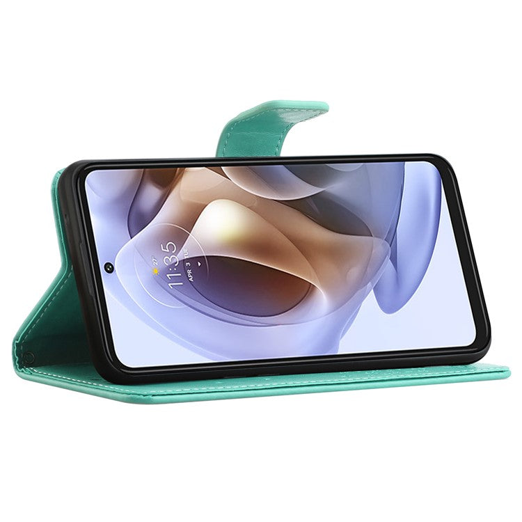 Stylish Owl Tree Pattern Imprinted Magnetic Clasp TPU and PU Leather Phone Case Stand Wallet Cover with Strap for Motorola Moto G31 / G41 - Green