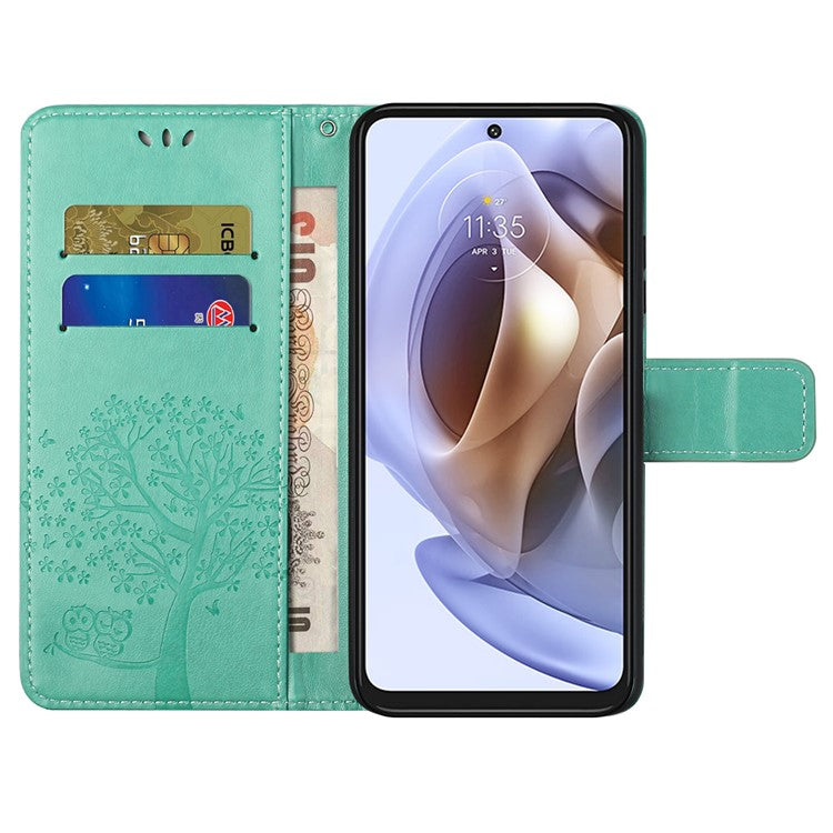 Stylish Owl Tree Pattern Imprinted Magnetic Clasp TPU and PU Leather Phone Case Stand Wallet Cover with Strap for Motorola Moto G31 / G41 - Green