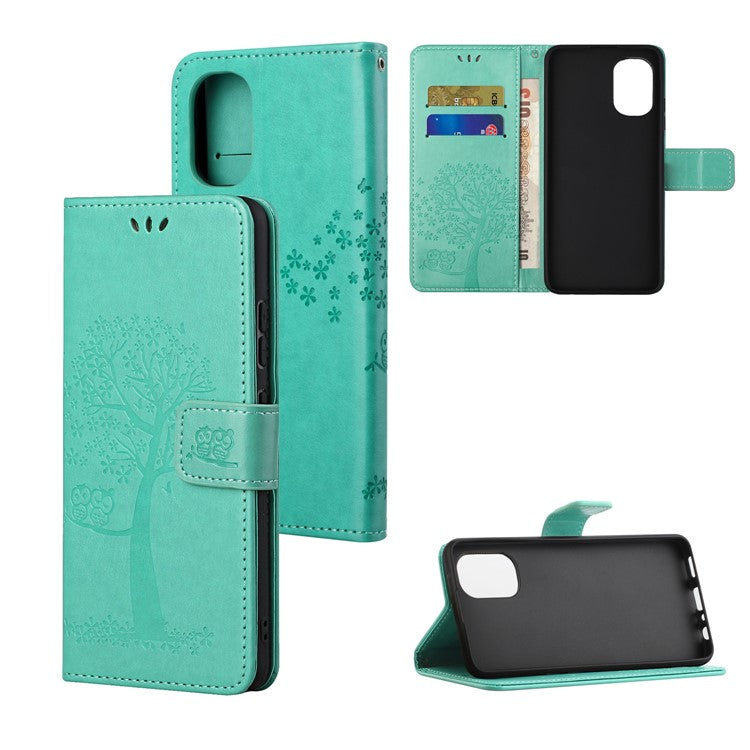 Stylish Owl Tree Pattern Imprinted Magnetic Clasp TPU and PU Leather Phone Case Stand Wallet Cover with Strap for Motorola Moto G31 / G41 - Green