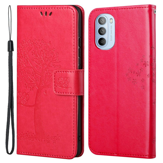 Stylish Owl Tree Pattern Imprinted Magnetic Clasp TPU and PU Leather Phone Case Stand Wallet Cover with Strap for Motorola Moto G31 / G41 - Red