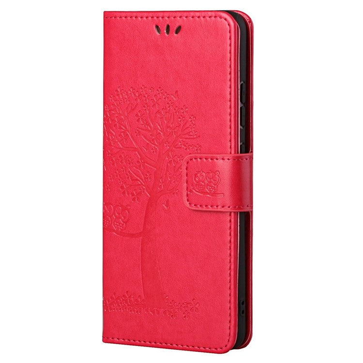 Stylish Owl Tree Pattern Imprinted Magnetic Clasp TPU and PU Leather Phone Case Stand Wallet Cover with Strap for Motorola Moto G31 / G41 - Red