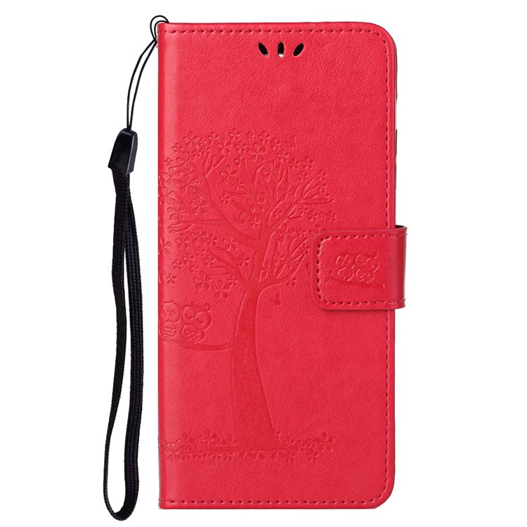 Stylish Owl Tree Pattern Imprinted Magnetic Clasp TPU and PU Leather Phone Case Stand Wallet Cover with Strap for Motorola Moto G31 / G41 - Red