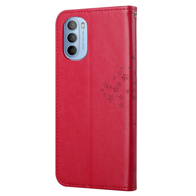 Stylish Owl Tree Pattern Imprinted Magnetic Clasp TPU and PU Leather Phone Case Stand Wallet Cover with Strap for Motorola Moto G31 / G41 - Red