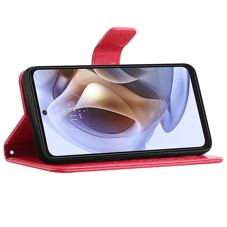 Stylish Owl Tree Pattern Imprinted Magnetic Clasp TPU and PU Leather Phone Case Stand Wallet Cover with Strap for Motorola Moto G31 / G41 - Red