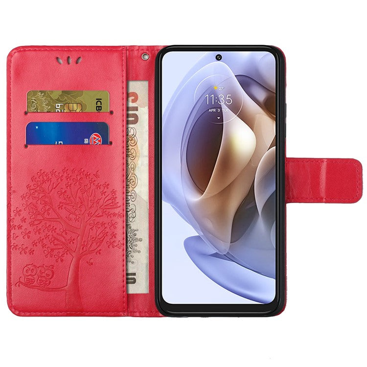 Stylish Owl Tree Pattern Imprinted Magnetic Clasp TPU and PU Leather Phone Case Stand Wallet Cover with Strap for Motorola Moto G31 / G41 - Red