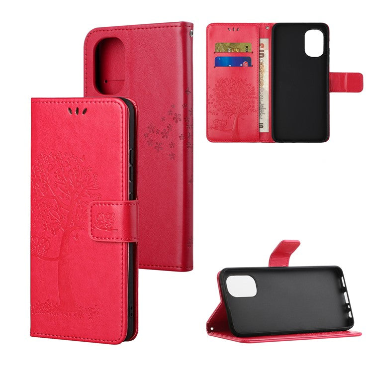 Stylish Owl Tree Pattern Imprinted Magnetic Clasp TPU and PU Leather Phone Case Stand Wallet Cover with Strap for Motorola Moto G31 / G41 - Red
