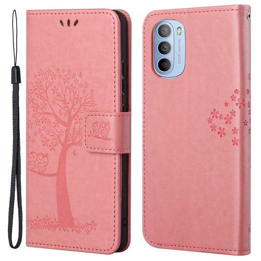 Stylish Owl Tree Pattern Imprinted Magnetic Clasp TPU and PU Leather Phone Case Stand Wallet Cover with Strap for Motorola Moto G31 / G41 - Pink