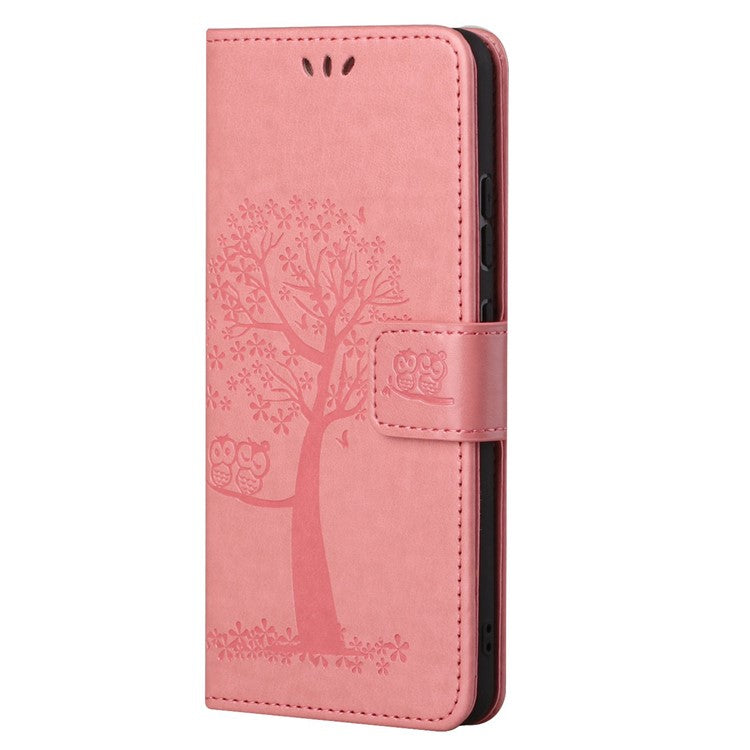Stylish Owl Tree Pattern Imprinted Magnetic Clasp TPU and PU Leather Phone Case Stand Wallet Cover with Strap for Motorola Moto G31 / G41 - Pink