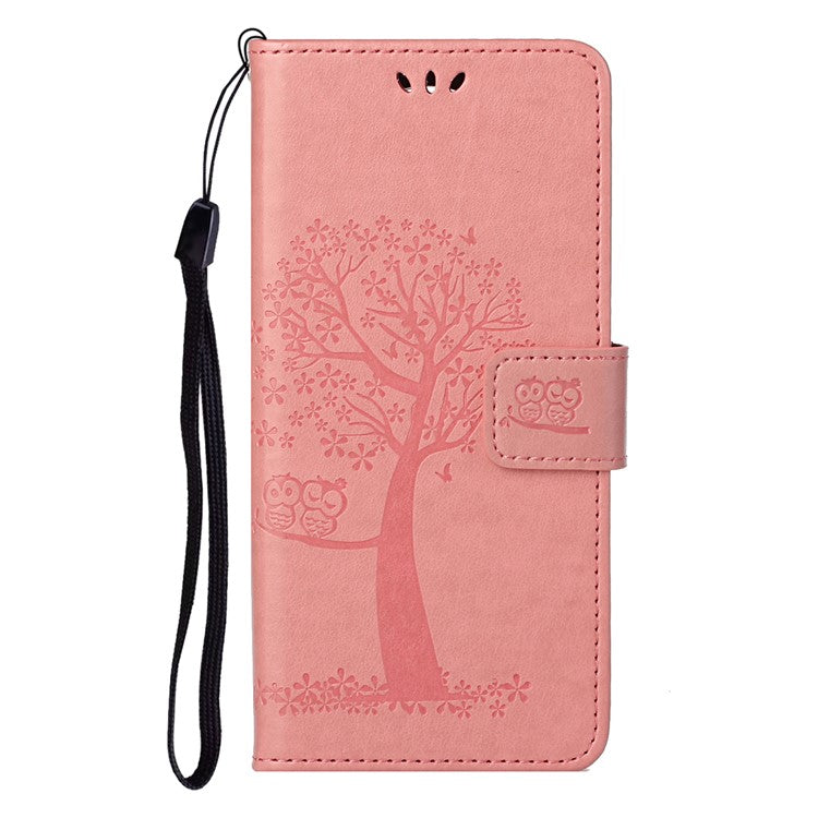 Stylish Owl Tree Pattern Imprinted Magnetic Clasp TPU and PU Leather Phone Case Stand Wallet Cover with Strap for Motorola Moto G31 / G41 - Pink