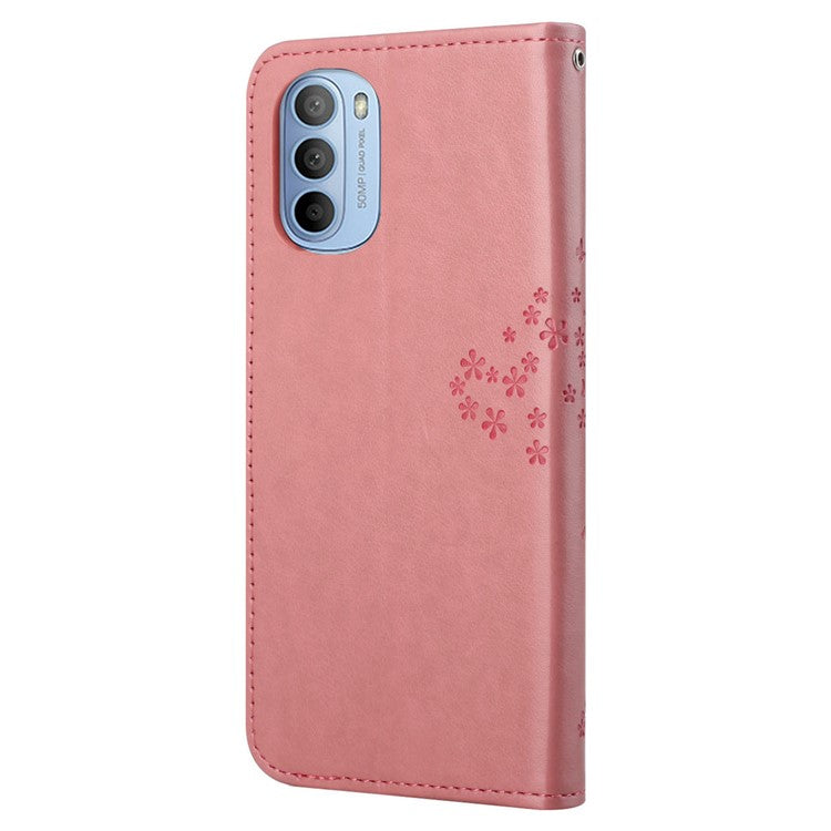 Stylish Owl Tree Pattern Imprinted Magnetic Clasp TPU and PU Leather Phone Case Stand Wallet Cover with Strap for Motorola Moto G31 / G41 - Pink