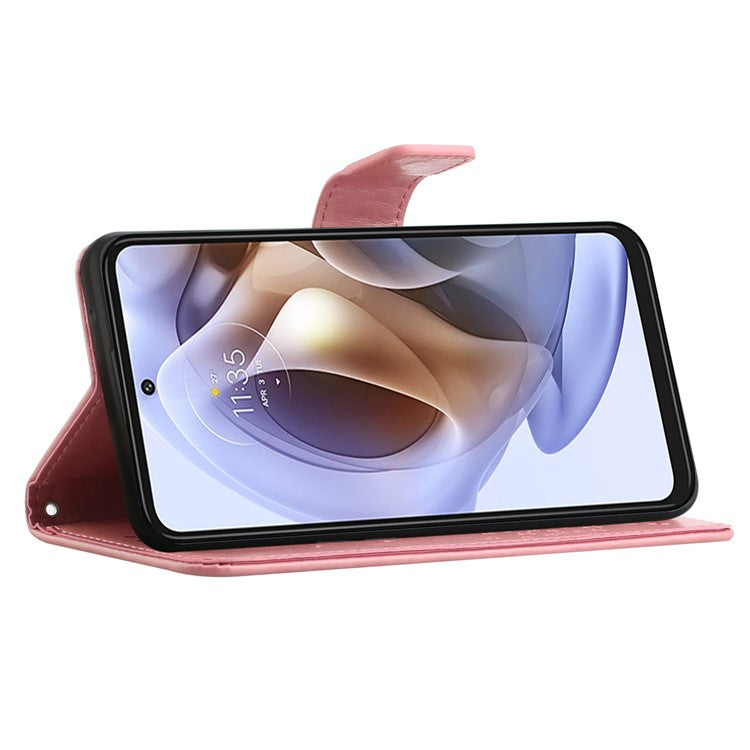 Stylish Owl Tree Pattern Imprinted Magnetic Clasp TPU and PU Leather Phone Case Stand Wallet Cover with Strap for Motorola Moto G31 / G41 - Pink