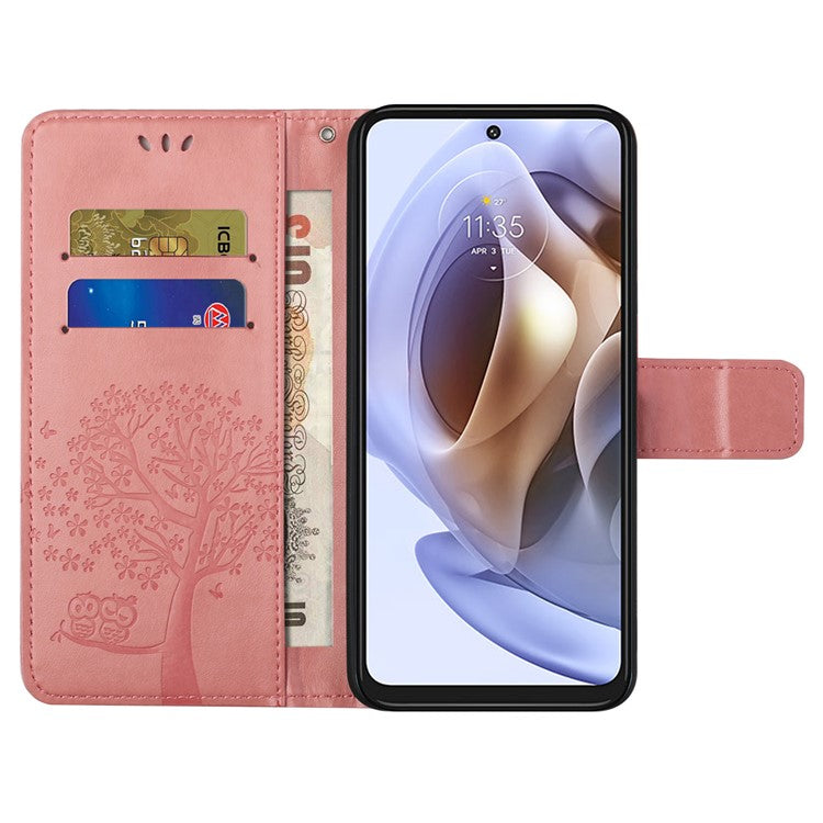 Stylish Owl Tree Pattern Imprinted Magnetic Clasp TPU and PU Leather Phone Case Stand Wallet Cover with Strap for Motorola Moto G31 / G41 - Pink