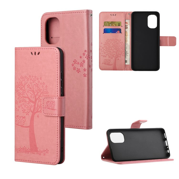 Stylish Owl Tree Pattern Imprinted Magnetic Clasp TPU and PU Leather Phone Case Stand Wallet Cover with Strap for Motorola Moto G31 / G41 - Pink