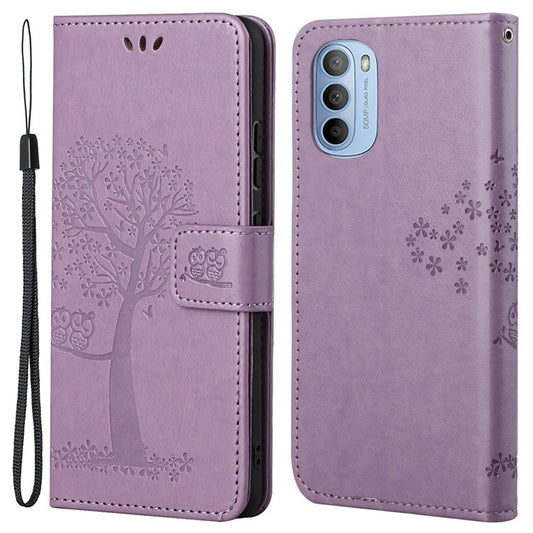 Stylish Owl Tree Pattern Imprinted Magnetic Clasp TPU and PU Leather Phone Case Stand Wallet Cover with Strap for Motorola Moto G31 / G41 - Purple