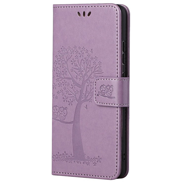 Stylish Owl Tree Pattern Imprinted Magnetic Clasp TPU and PU Leather Phone Case Stand Wallet Cover with Strap for Motorola Moto G31 / G41 - Purple