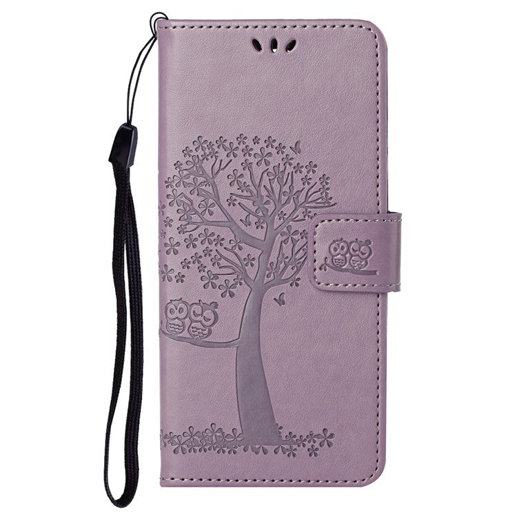 Stylish Owl Tree Pattern Imprinted Magnetic Clasp TPU and PU Leather Phone Case Stand Wallet Cover with Strap for Motorola Moto G31 / G41 - Purple
