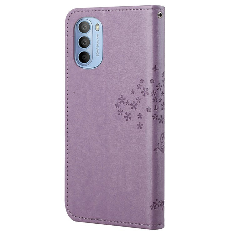 Stylish Owl Tree Pattern Imprinted Magnetic Clasp TPU and PU Leather Phone Case Stand Wallet Cover with Strap for Motorola Moto G31 / G41 - Purple