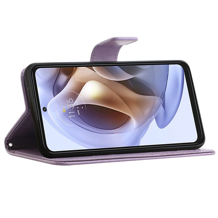 Stylish Owl Tree Pattern Imprinted Magnetic Clasp TPU and PU Leather Phone Case Stand Wallet Cover with Strap for Motorola Moto G31 / G41 - Purple
