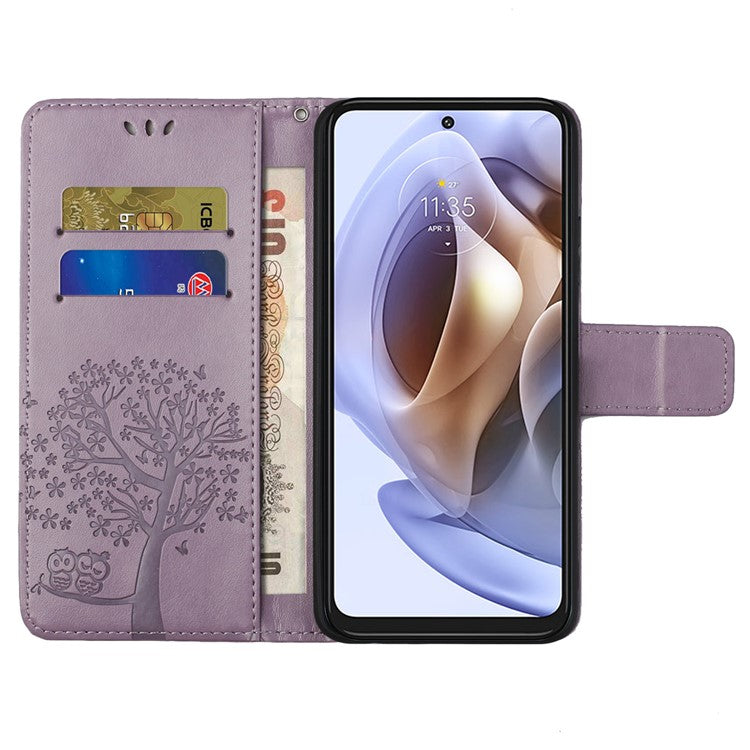 Stylish Owl Tree Pattern Imprinted Magnetic Clasp TPU and PU Leather Phone Case Stand Wallet Cover with Strap for Motorola Moto G31 / G41 - Purple