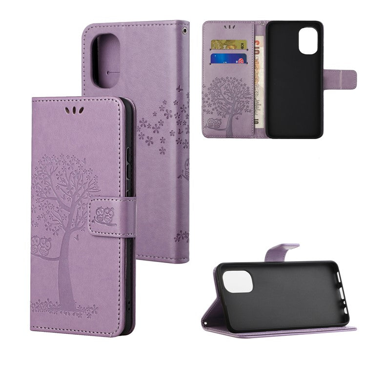 Stylish Owl Tree Pattern Imprinted Magnetic Clasp TPU and PU Leather Phone Case Stand Wallet Cover with Strap for Motorola Moto G31 / G41 - Purple