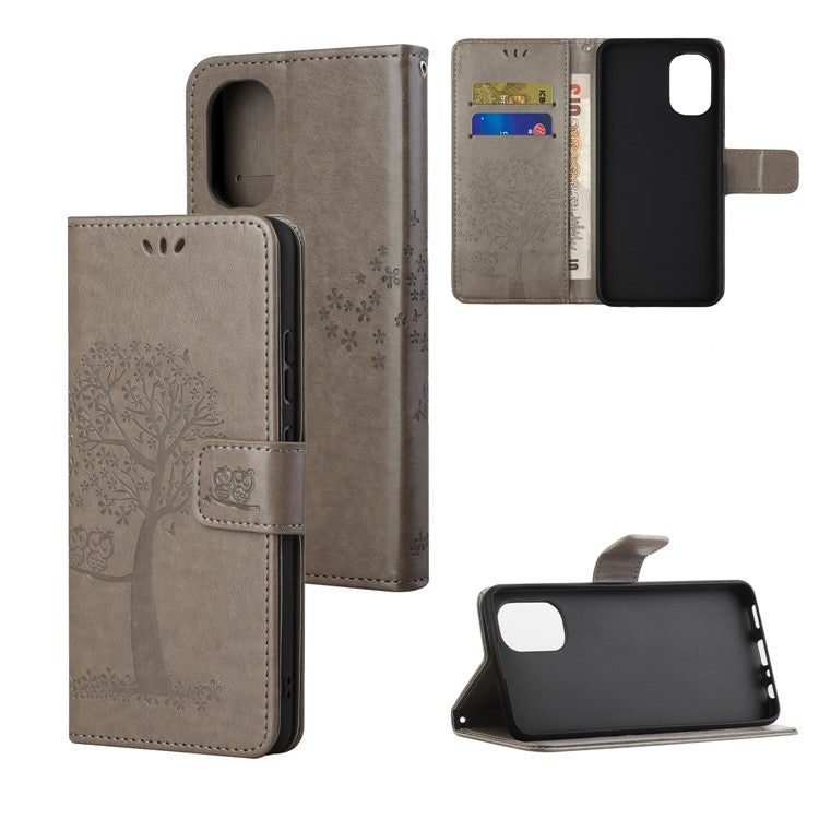 Stylish Owl Tree Pattern Imprinted Magnetic Clasp TPU and PU Leather Phone Case Stand Wallet Cover with Strap for Motorola Moto G31 / G41 - Grey