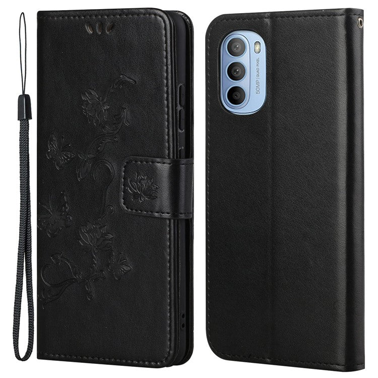 Scratch-resistant Imprinted Butterflies Flower PU Leather Wallet Function Phone Case Stand Shell for Motorola Moto G31 / G41 - Black
