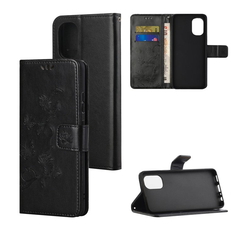 Scratch-resistant Imprinted Butterflies Flower PU Leather Wallet Function Phone Case Stand Shell for Motorola Moto G31 / G41 - Black