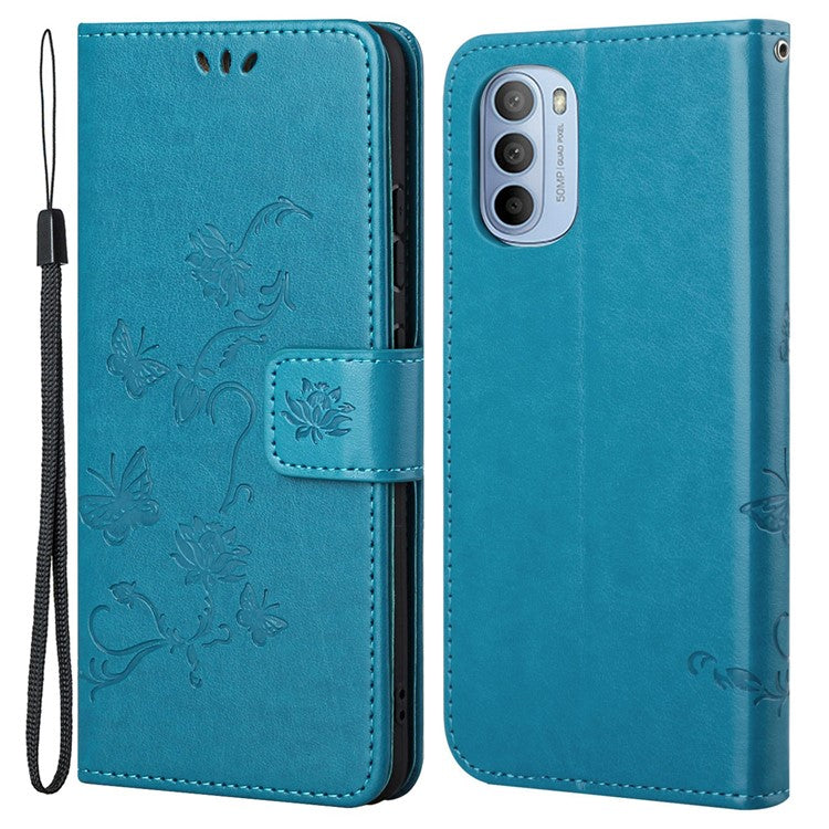 Scratch-resistant Imprinted Butterflies Flower PU Leather Wallet Function Phone Case Stand Shell for Motorola Moto G31 / G41 - Blue