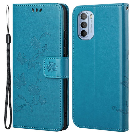Scratch-resistant Imprinted Butterflies Flower PU Leather Wallet Function Phone Case Stand Shell for Motorola Moto G31 / G41 - Blue