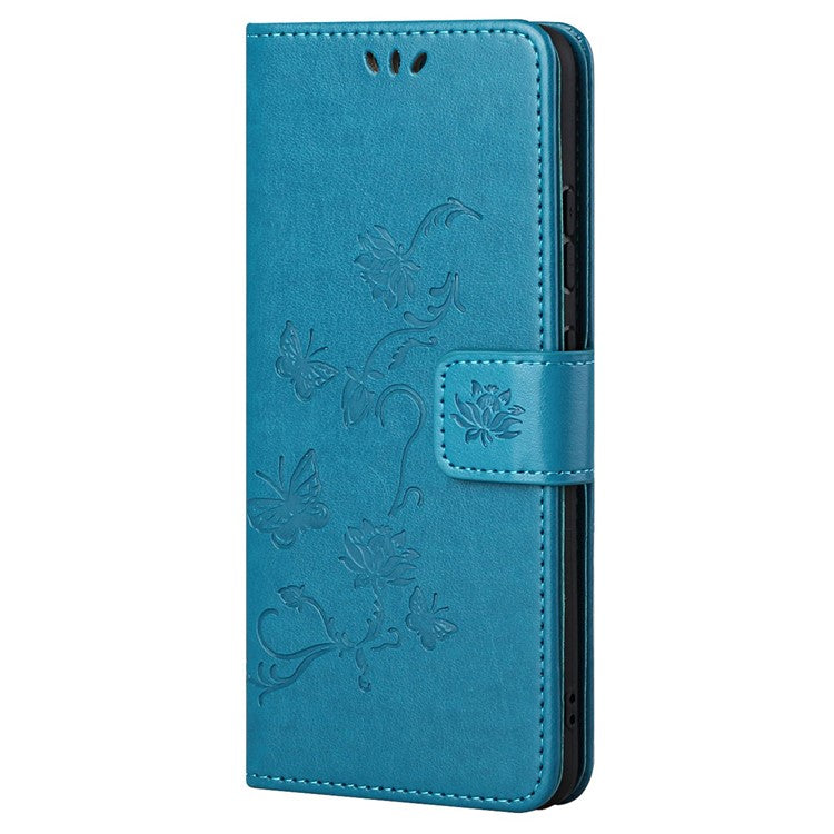 Scratch-resistant Imprinted Butterflies Flower PU Leather Wallet Function Phone Case Stand Shell for Motorola Moto G31 / G41 - Blue