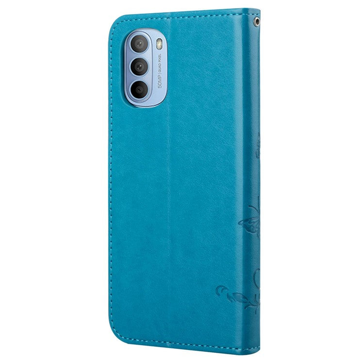 Scratch-resistant Imprinted Butterflies Flower PU Leather Wallet Function Phone Case Stand Shell for Motorola Moto G31 / G41 - Blue