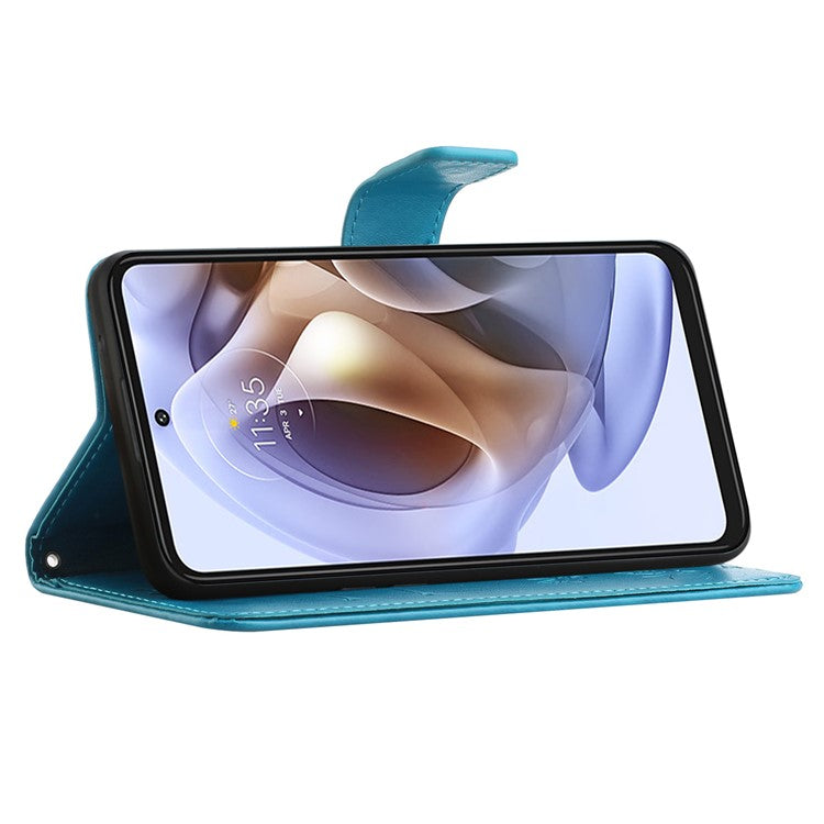 Scratch-resistant Imprinted Butterflies Flower PU Leather Wallet Function Phone Case Stand Shell for Motorola Moto G31 / G41 - Blue