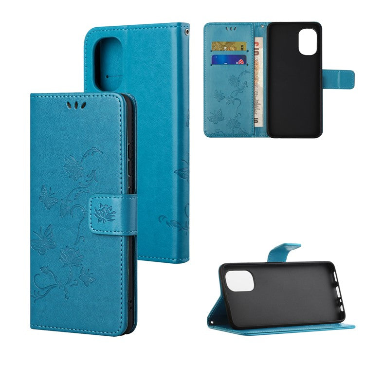 Scratch-resistant Imprinted Butterflies Flower PU Leather Wallet Function Phone Case Stand Shell for Motorola Moto G31 / G41 - Blue