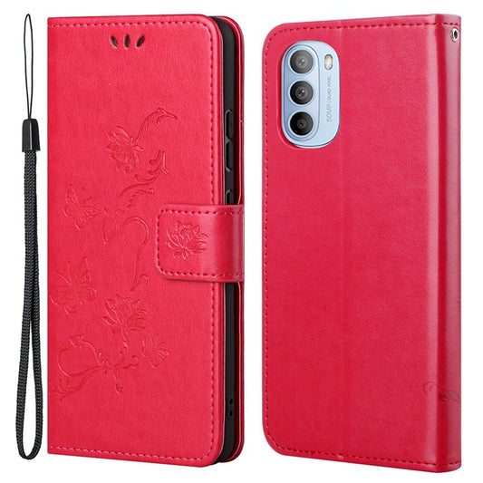 Scratch-resistant Imprinted Butterflies Flower PU Leather Wallet Function Phone Case Stand Shell for Motorola Moto G31 / G41 - Red